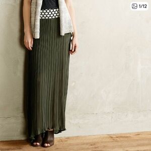 Anthropologie Pleated Sage Maxi Skirt Dark Green by Dear Creatures Size Small